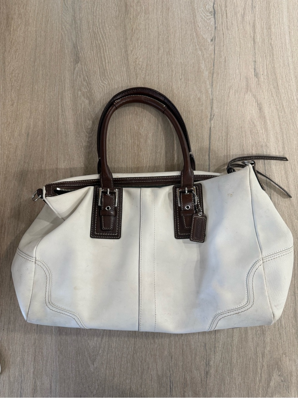 Coach Hamilton White Leather Satchel Tote Bag Brown Crossbody Strap Authentic